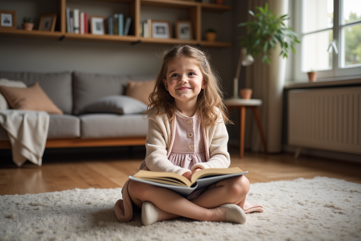 Jeune fille curieuse avec livre dans un appartement parisien