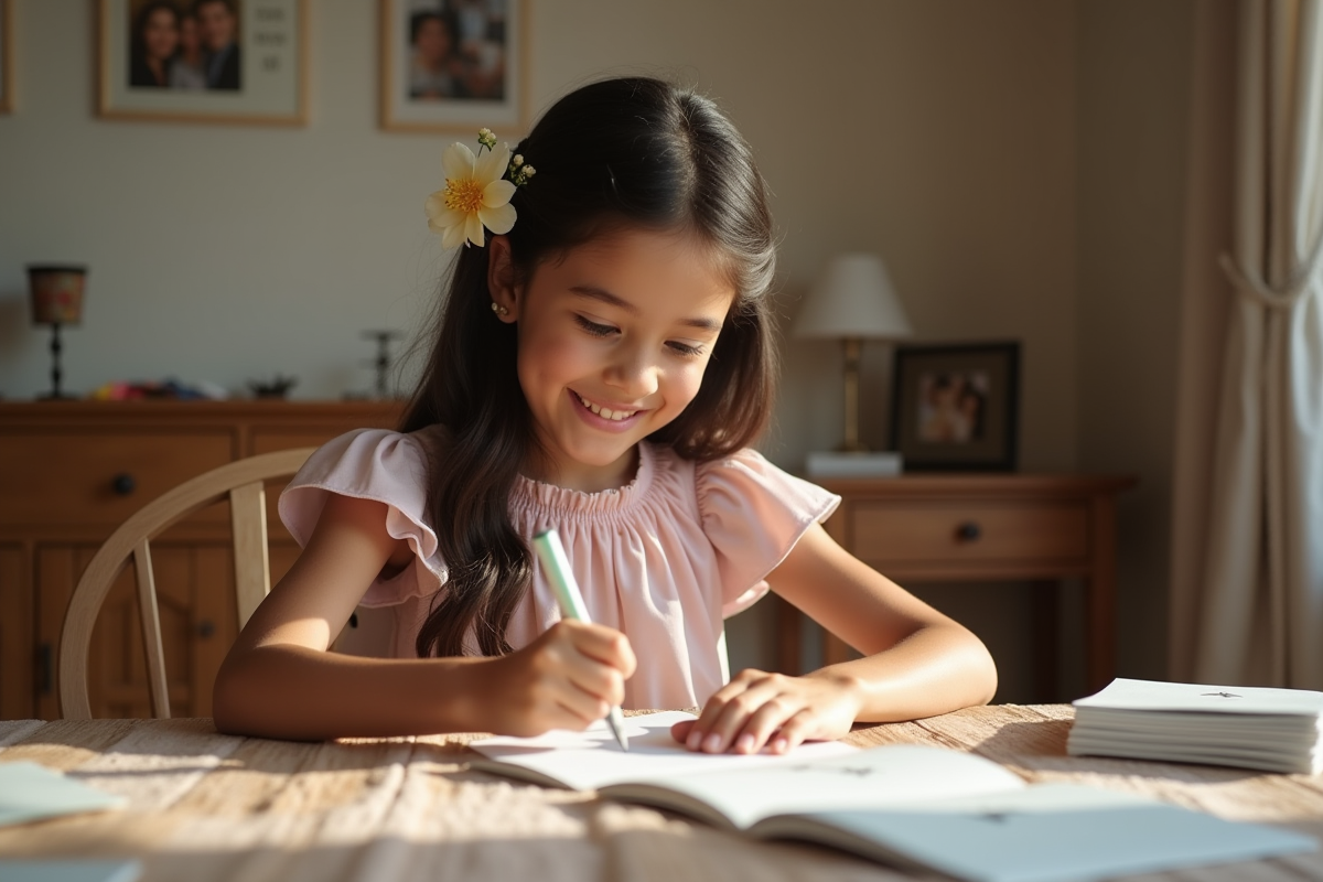 Jeune fille souriante en robe pastel préparant invitations