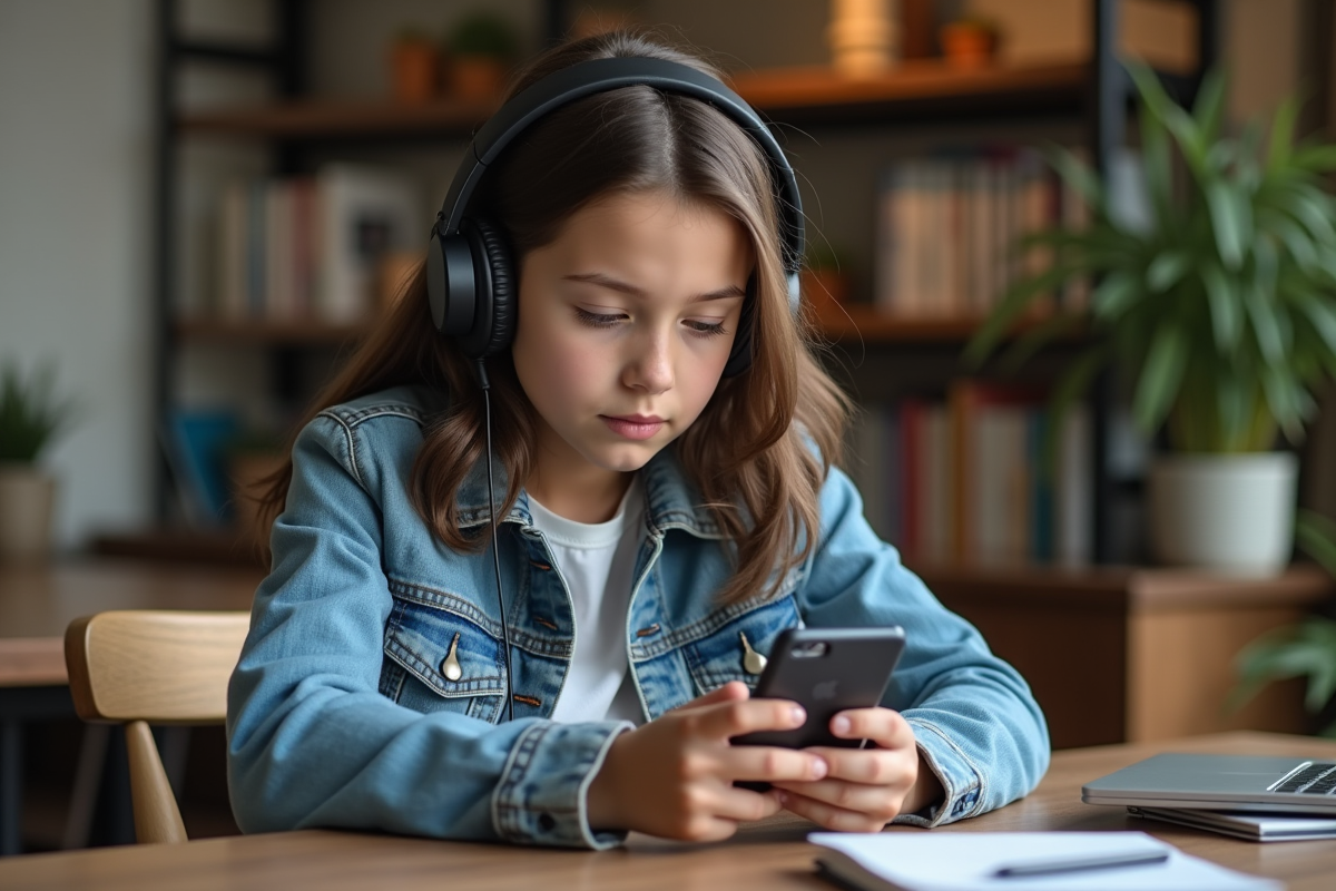 Jeune fille de 16 ans avec casque et veste en denim