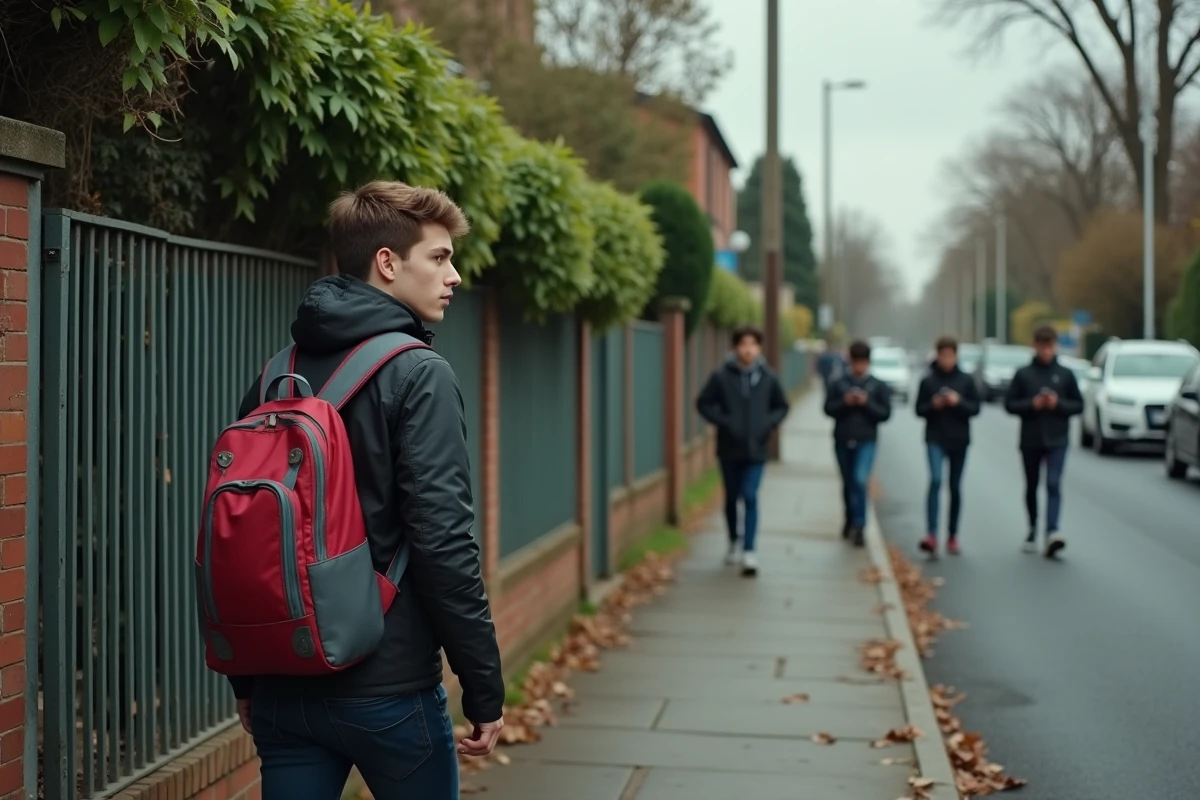 Jeune homme marchant dans une rue résidentielle calme