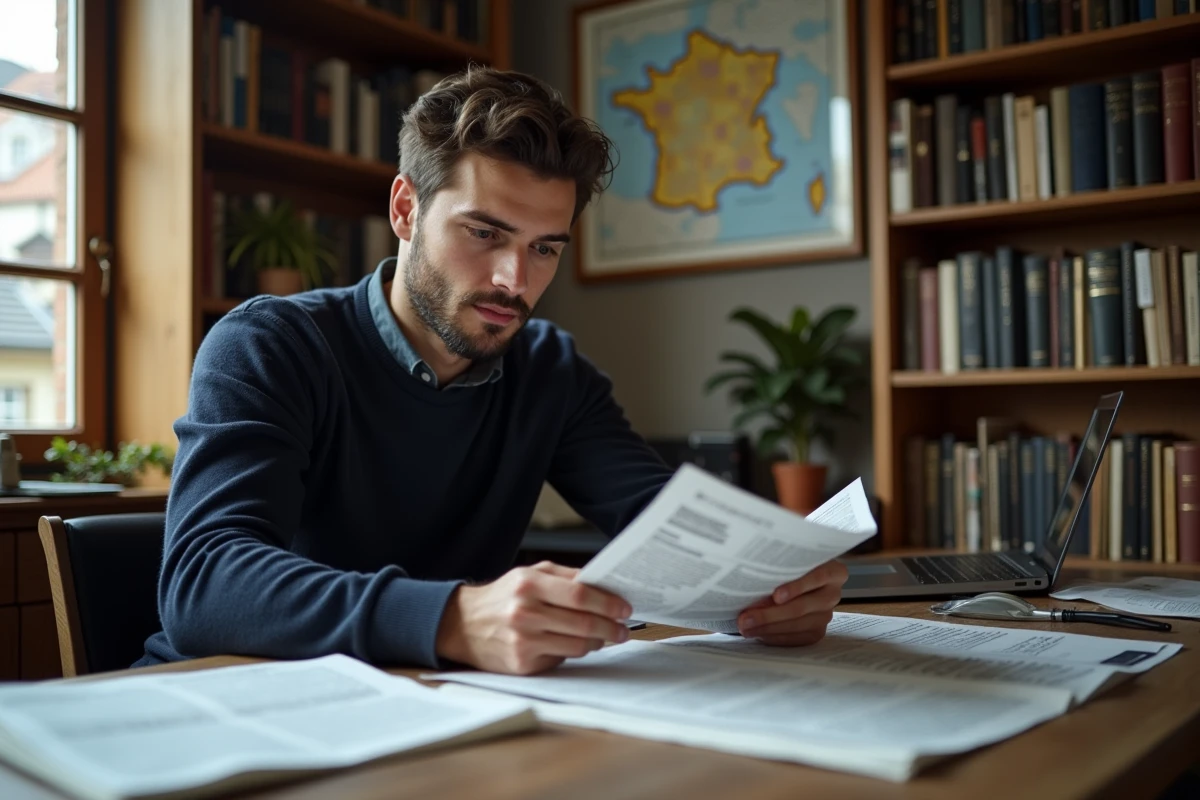 Jeune homme concentré dans un bureau à domicile étudiant des articles politiques, illustrant la réflexion et l'engagement idéologique de la jeunesse française