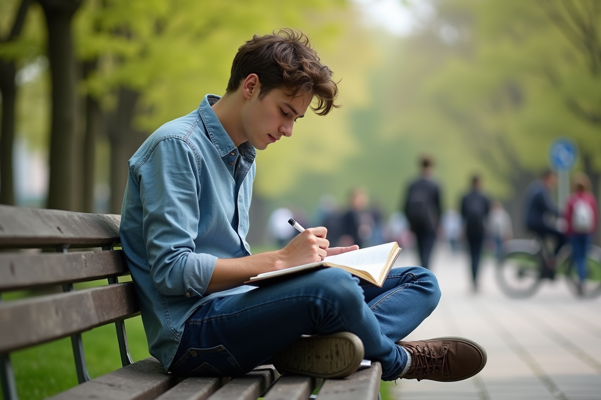 Jeune homme dessine sur un banc dans un parc urbain au printemps
