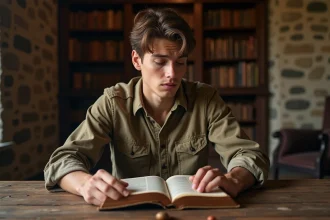 Jeune homme contemplant une vieille bible en intérieur