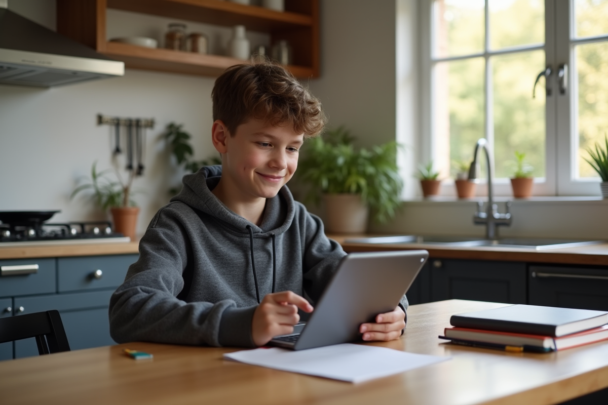Adolescent utilisant une tablette pour ses devoirs dans une cuisine lumineuse