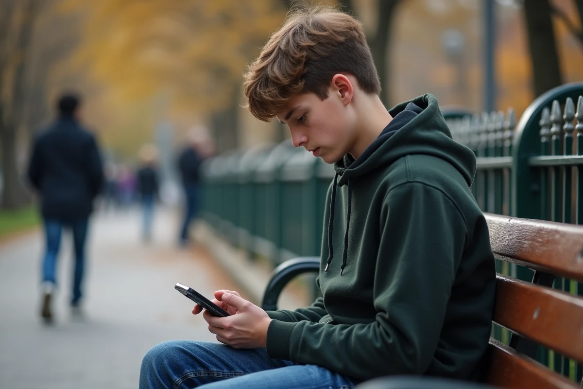 Adolescent assis seul sur un banc de parc urbain