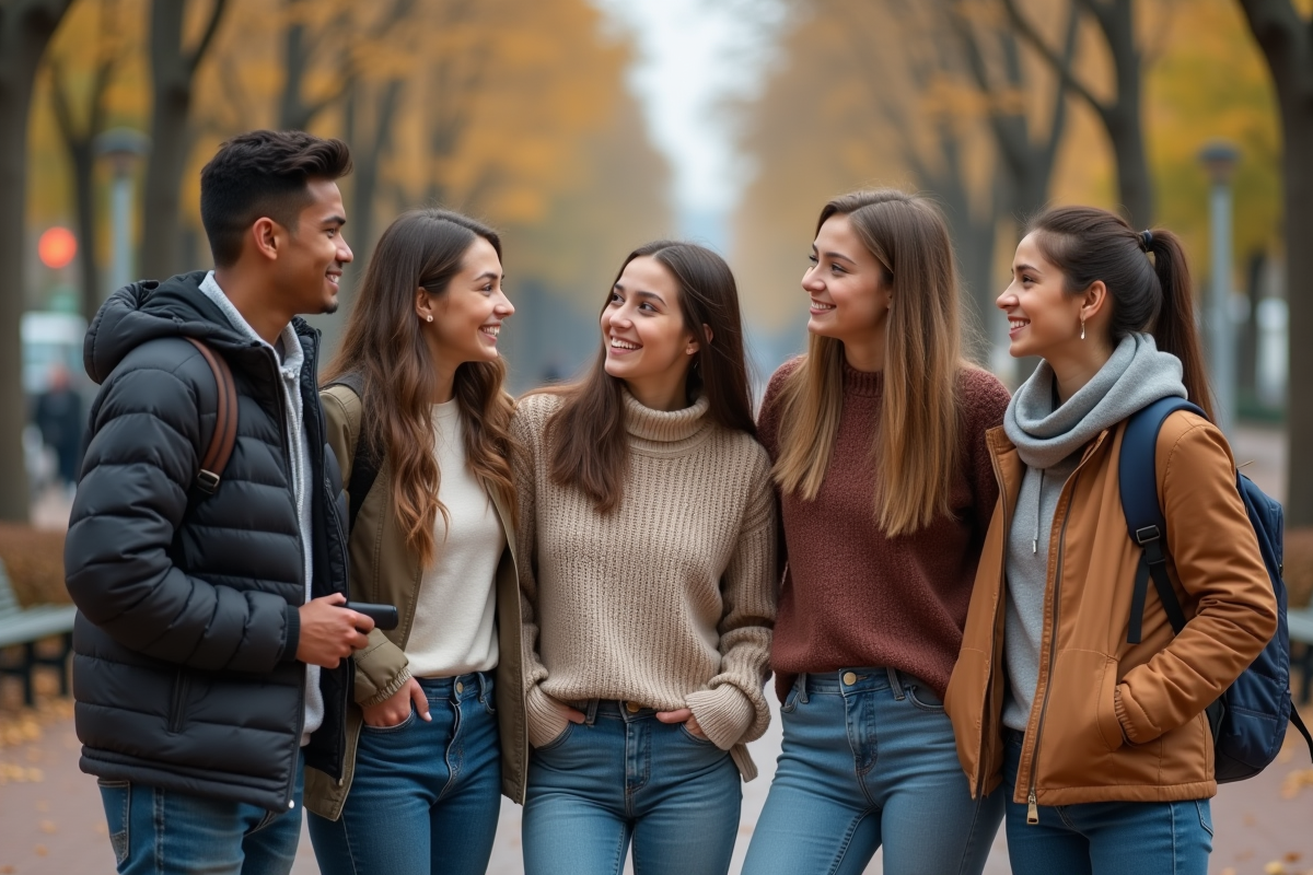 Groupe d adolescents discutant dans un parc urbain