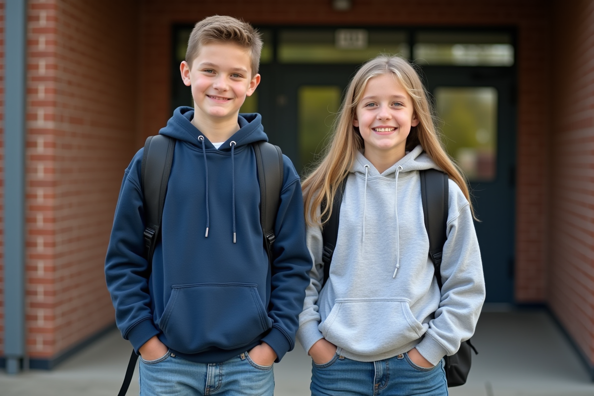 Deux jeunes devant l'école souriants en jeans et hoodies