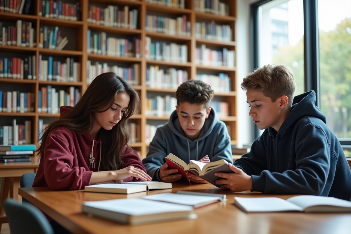 Jeunes divers lisant dans une bibliothèque moderne