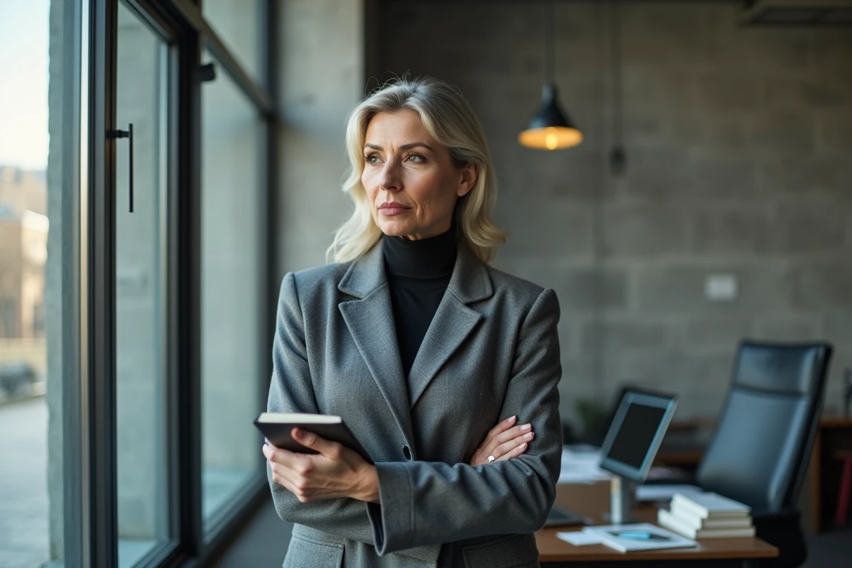Journaliste femme en manteau gris structuré debout près d'une fenêtre dans un bureau contemporain, regard pensif