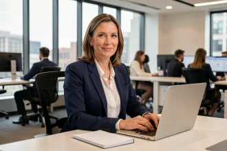 Femme journaliste professionnelle assise dans une salle de rédaction moderne, évoquant la vie professionnelle d'Alix Bouilhaguet