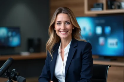 Femme journaliste professionnelle en studio de télévision, illustrant les rumeurs sur la vie privée de Charlotte d'Ornellas