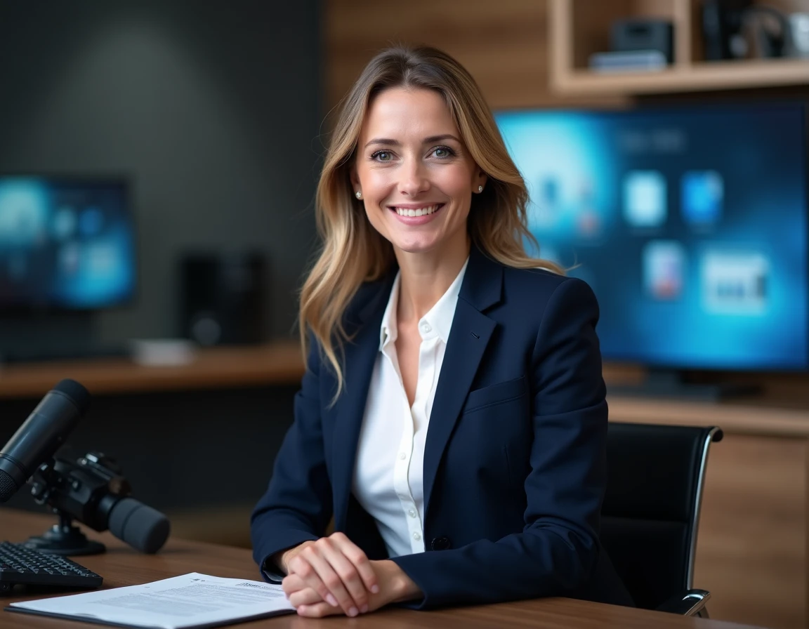 Femme journaliste professionnelle en studio de télévision, illustrant les rumeurs sur la vie privée de Charlotte d'Ornellas