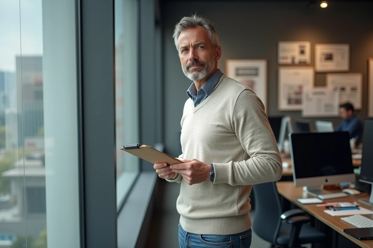 Journaliste professionnel dans un bureau moderne avec un clipboard