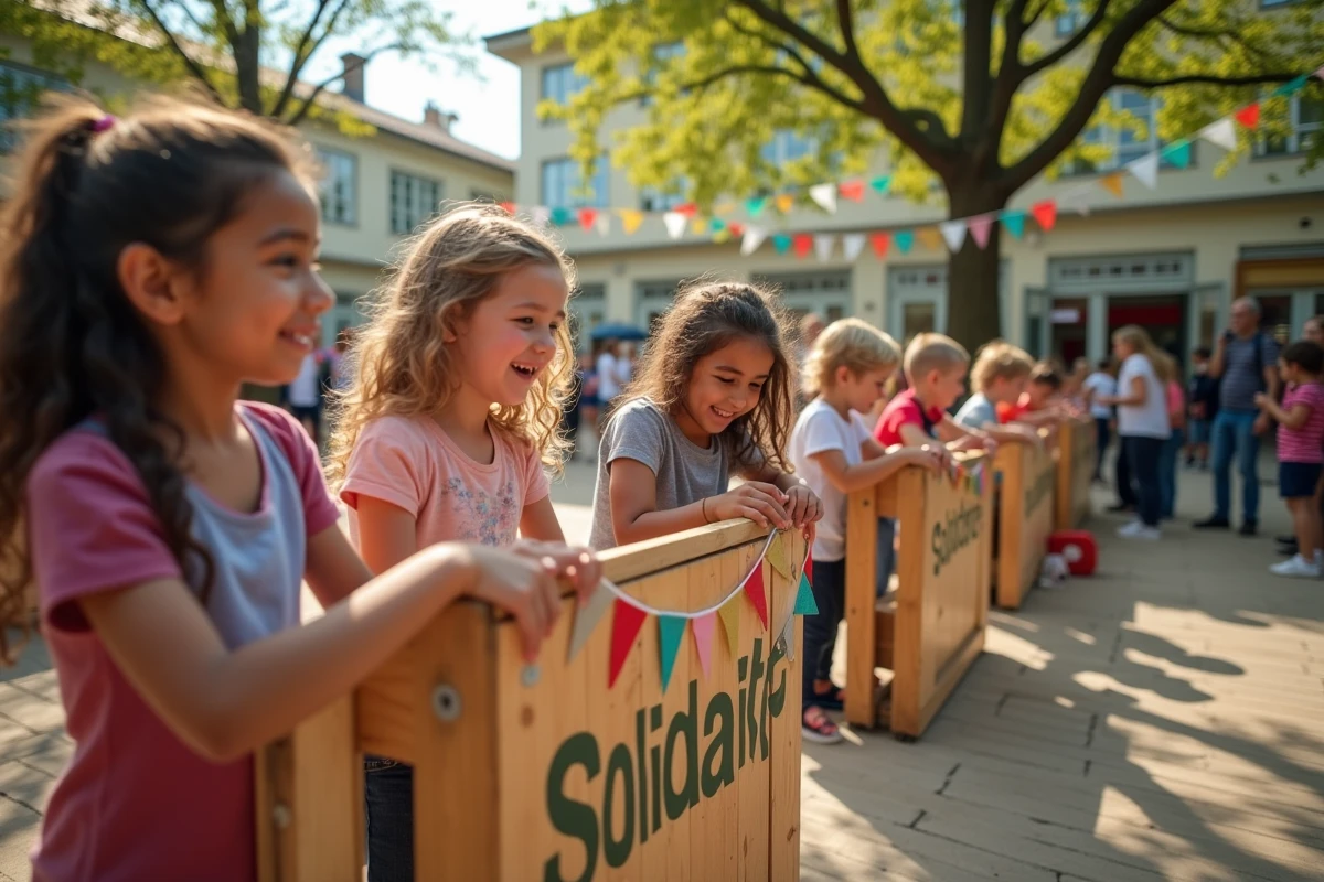 Enfants jouant à un jeu de lancer lors d'une kermesse solidaire dans la cour d'une école primaire