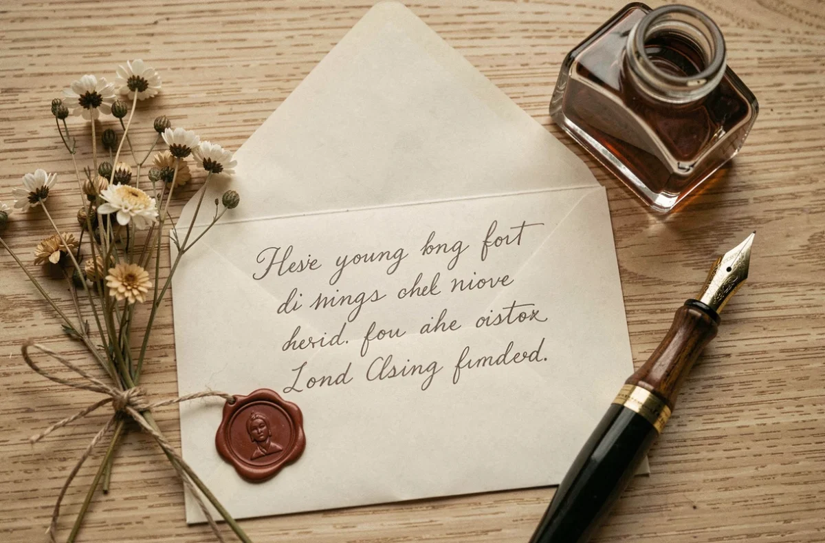 Vue du dessus d'un message manuscrit dans une enveloppe entourée de fleurs séchées et d'un sceau en cire pour un souvenir précieux