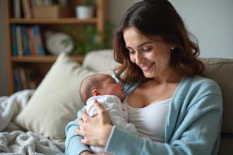 Jeune maman souriante allaitant son bébé dans un salon chaleureux