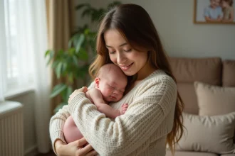 Maman et bébé nouveau-né dans un salon lumineux