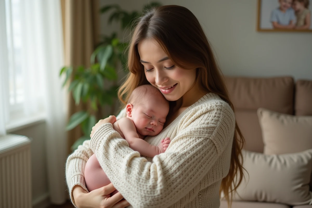 Maman et bébé nouveau-né dans un salon lumineux
