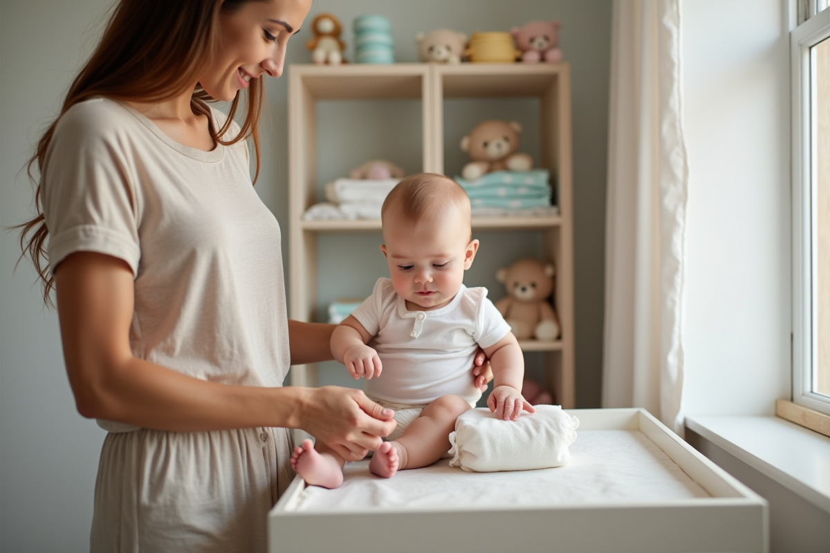 Jeune maman changeant bébé dans une nurserie chaleureuse