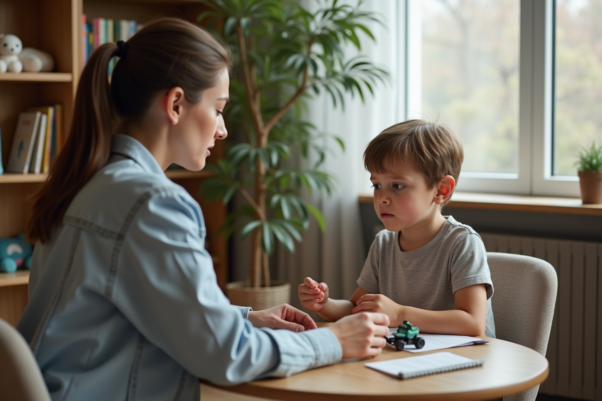 Mère inquiète avec son fils lors d'une consultation