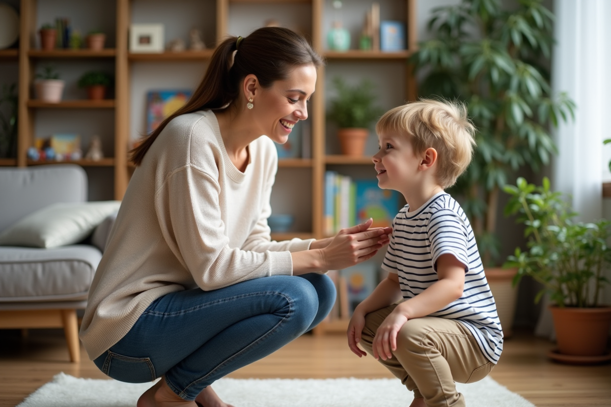 Femme souriante parle avec son fils dans un salon chaleureux