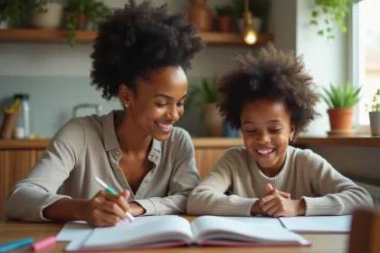 Maman souriante aide sa fille aux devoirs à la maison
