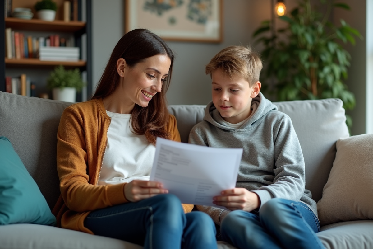 Maman montre un relevé bancaire à son adolescent dans le salon moderne