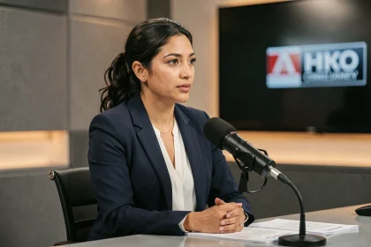 Journaliste professionnelle d'origine méditerranéenne en plateau de télévision, illustrant le profil de Margot Haddad