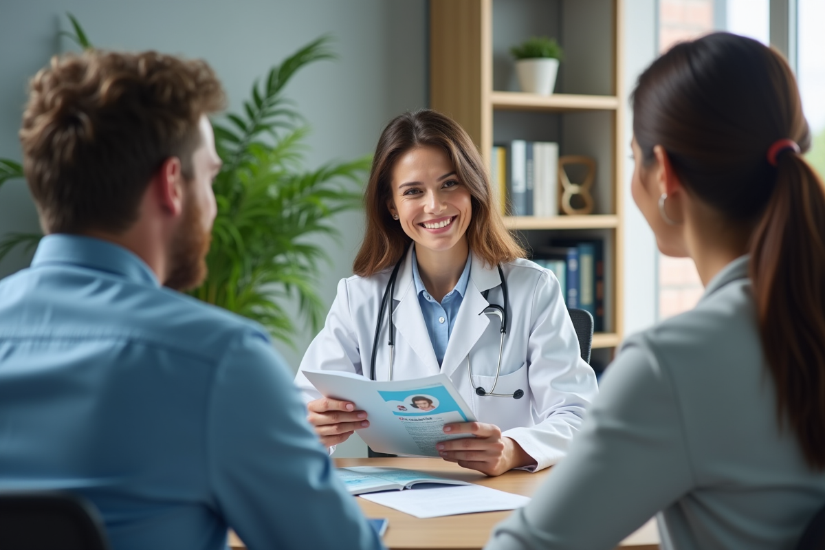 Medecin discutant avec un couple dans un cabinet moderne