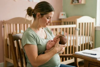 Jeune mère allaitant son nouveau-né dans une chambre de bébé avec des documents administratifs visibles sur la table, illustrant la gestion de l'attestation prime allaitement