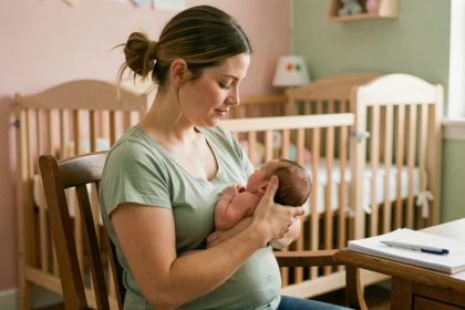 Jeune mère allaitant son nouveau-né dans une chambre de bébé avec des documents administratifs visibles sur la table, illustrant la gestion de l'attestation prime allaitement