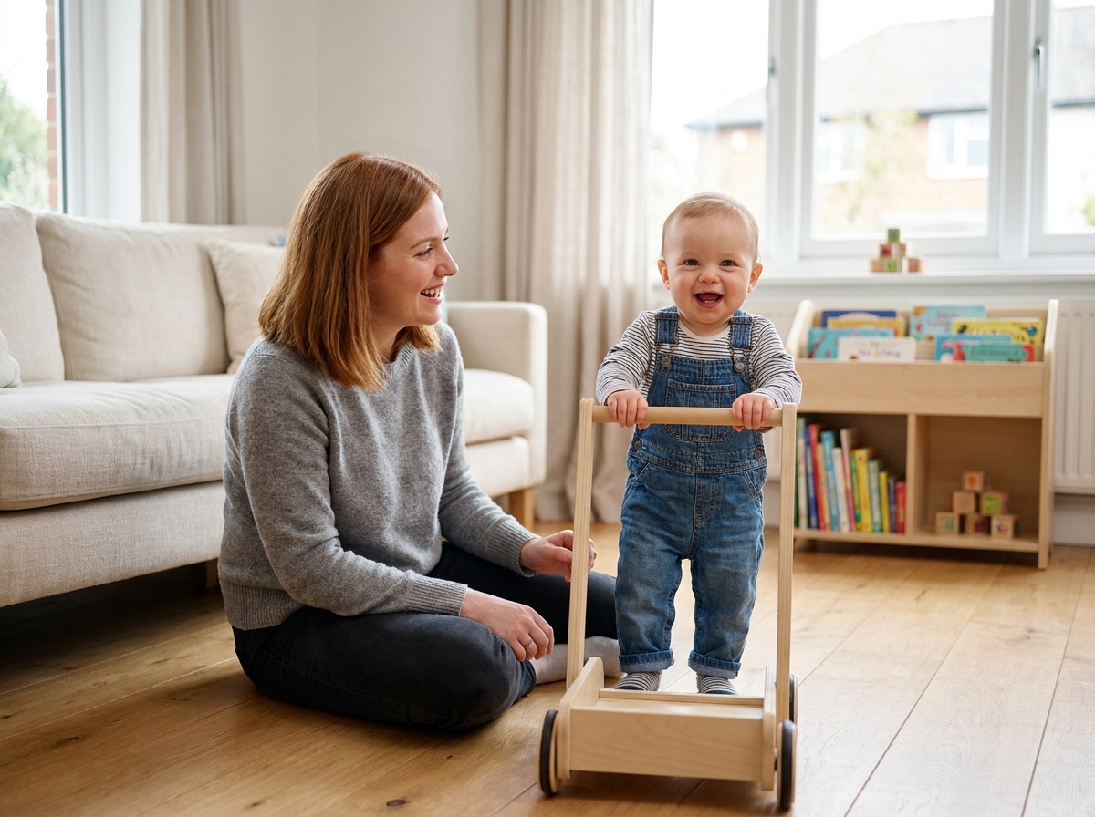Mère aidant son bébé de 1 an à faire ses premiers pas avec un jouet trotteur en bois dans un salon scandinave
