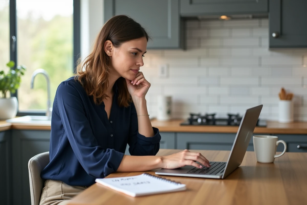 Mère de famille comparant des offres de garde d'enfants sur un site internet depuis sa cuisine avec un carnet de budget et un ordinateur portable