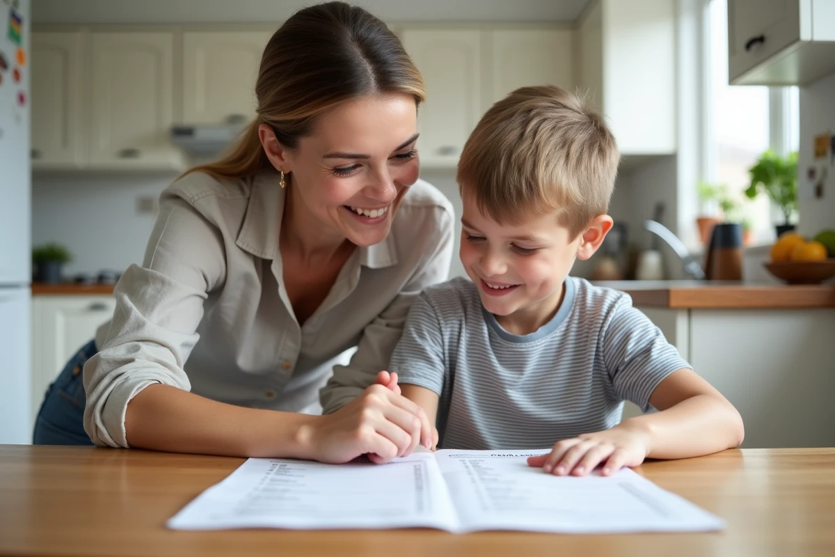 Mère et fils découvrant ensemble une liste de gages amusants et adaptés aux enfants