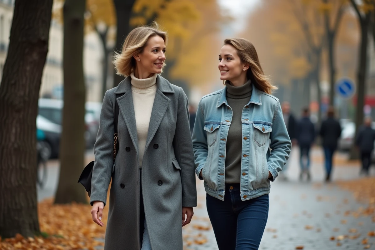 Une mère élégante et son jeune adulte marchant ensemble sur un boulevard parisien bordé d'arbres en automne