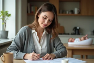 Jeune mère rédigeant une lettre de demande de temps partiel à 80% après son congé maternité, assise à une table en bois avec son bébé endormi à proximité