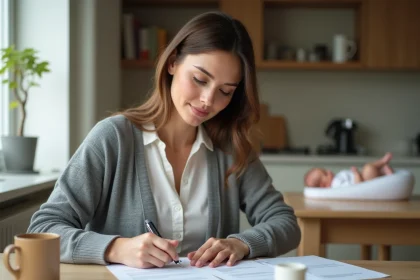 Jeune mère rédigeant une lettre de demande de temps partiel à 80% après son congé maternité, assise à une table en bois avec son bébé endormi à proximité