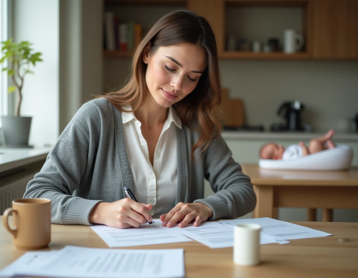 Jeune mère rédigeant une lettre de demande de temps partiel à 80% après son congé maternité, assise à une table en bois avec son bébé endormi à proximité