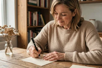 Femme écrivant un message manuscrit sincère sur du papier de qualité dans un bureau chaleureux à la décoration vintage