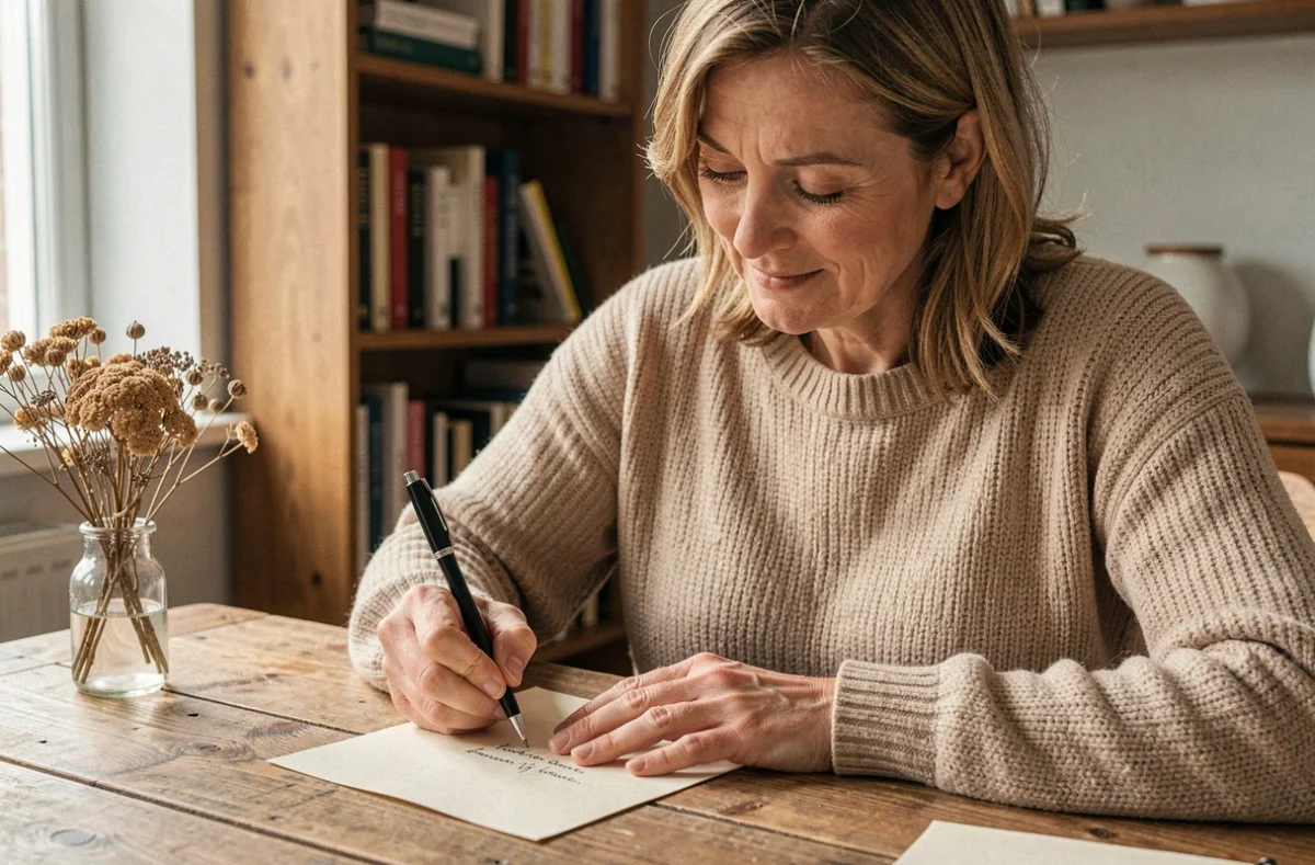 Femme écrivant un message manuscrit sincère sur du papier de qualité dans un bureau chaleureux à la décoration vintage
