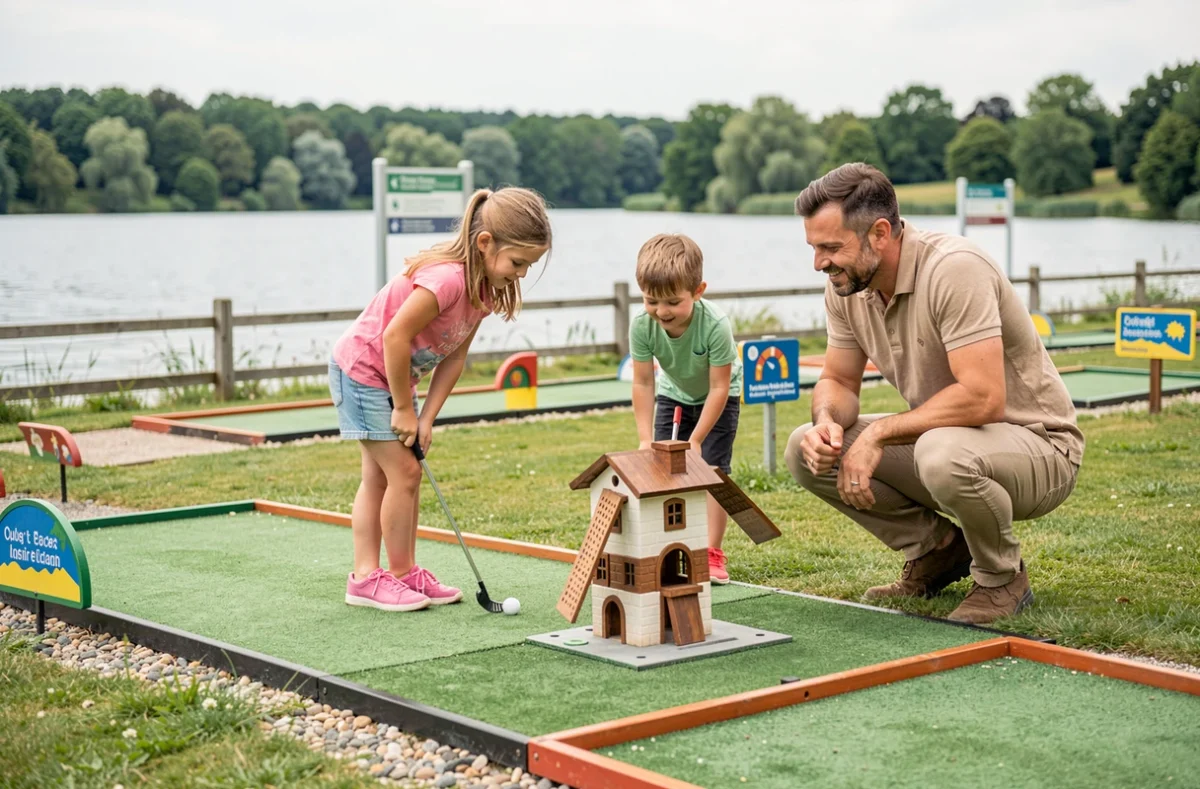 Père et enfants jouant au mini golf en plein air au bord du Lac de Hommes en Indre-et-Loire
