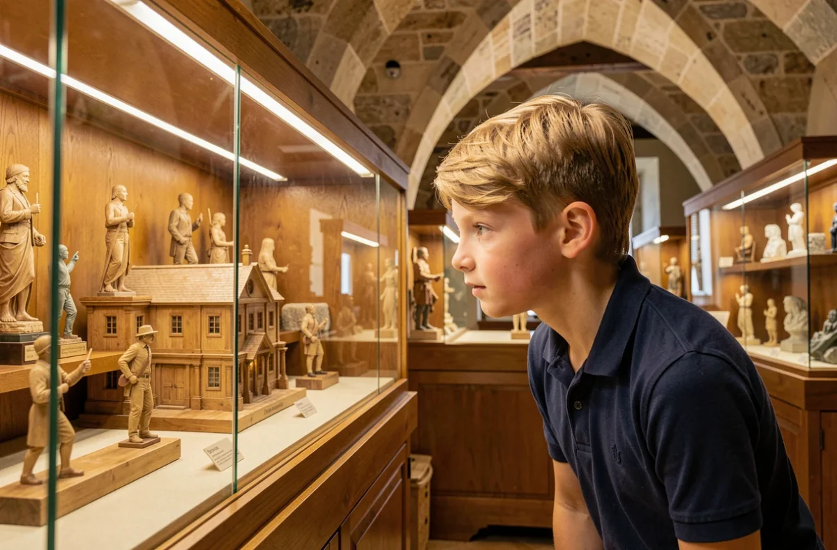 Enfant observant un chef-d'œuvre artisanal en bois au Musée du Compagnonnage de Tours