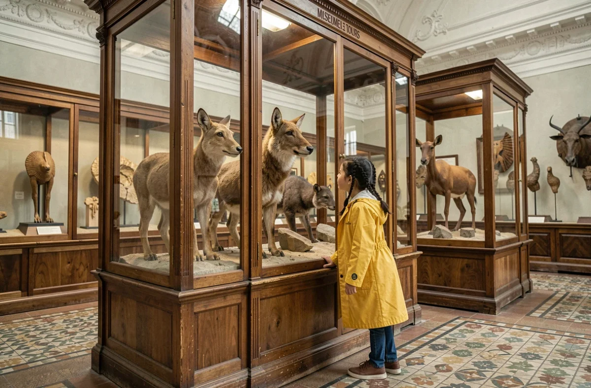 Fillette découvrant un diorama de faune naturelle au Muséum d'Histoire naturelle de Tours