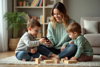 Jeune nounou souriante utilisant une application de garde d'enfants sur smartphone entourée de deux jeunes enfants jouant dans un salon familial