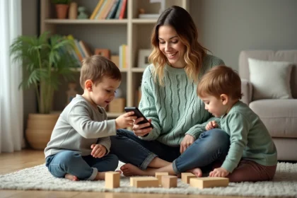 Jeune nounou souriante utilisant une application de garde d'enfants sur smartphone entourée de deux jeunes enfants jouant dans un salon familial