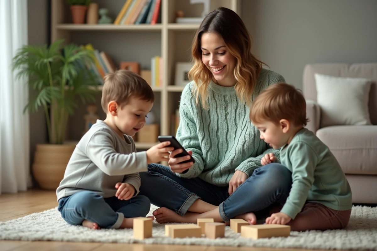 Jeune nounou souriante utilisant une application de garde d'enfants sur smartphone entourée de deux jeunes enfants jouant dans un salon familial