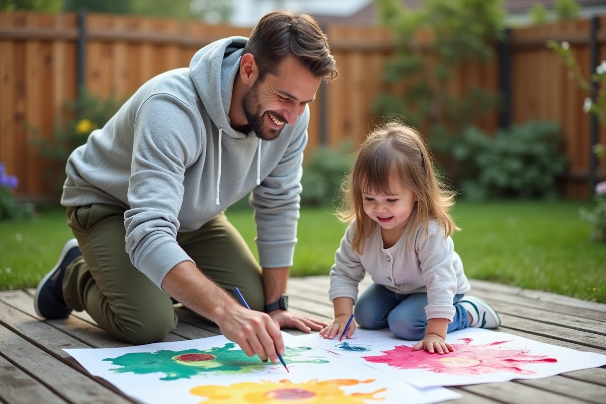 Jeune homme nounou jouant avec une petite fille qui fait de la peinture sur une terrasse extérieure dans un jardin résidentiel