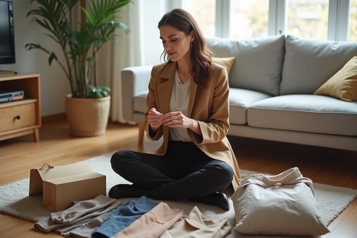 Femme élégante assise sur le sol de son salon entourée de vêtements et sacs de shopping, organisée et chic avec un budget maîtrisé