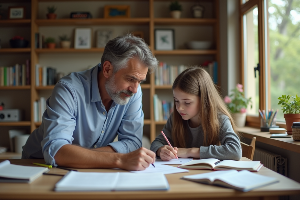 Père aidant sa fille avec ses devoirs dans le salon
