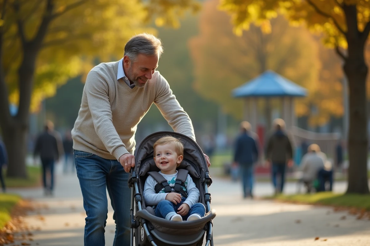 Père et enfant rient dans un parc urbain en plein air
